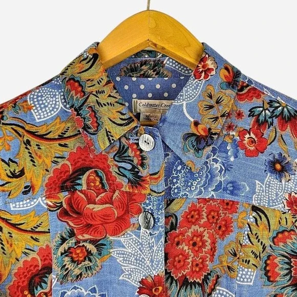 Coldwater Creek Blue Floral Linen Rayon Jacket Polka Dot Lined Size PM - Picture 3 of 7